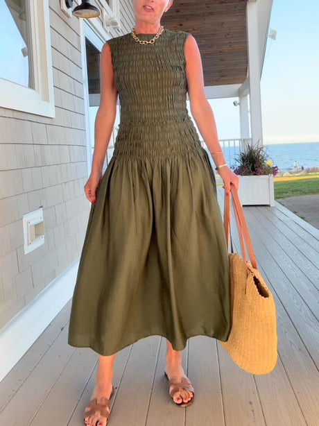Aurohaya Casual Elegance Pleated Sheath Maxi Dress Dark Green