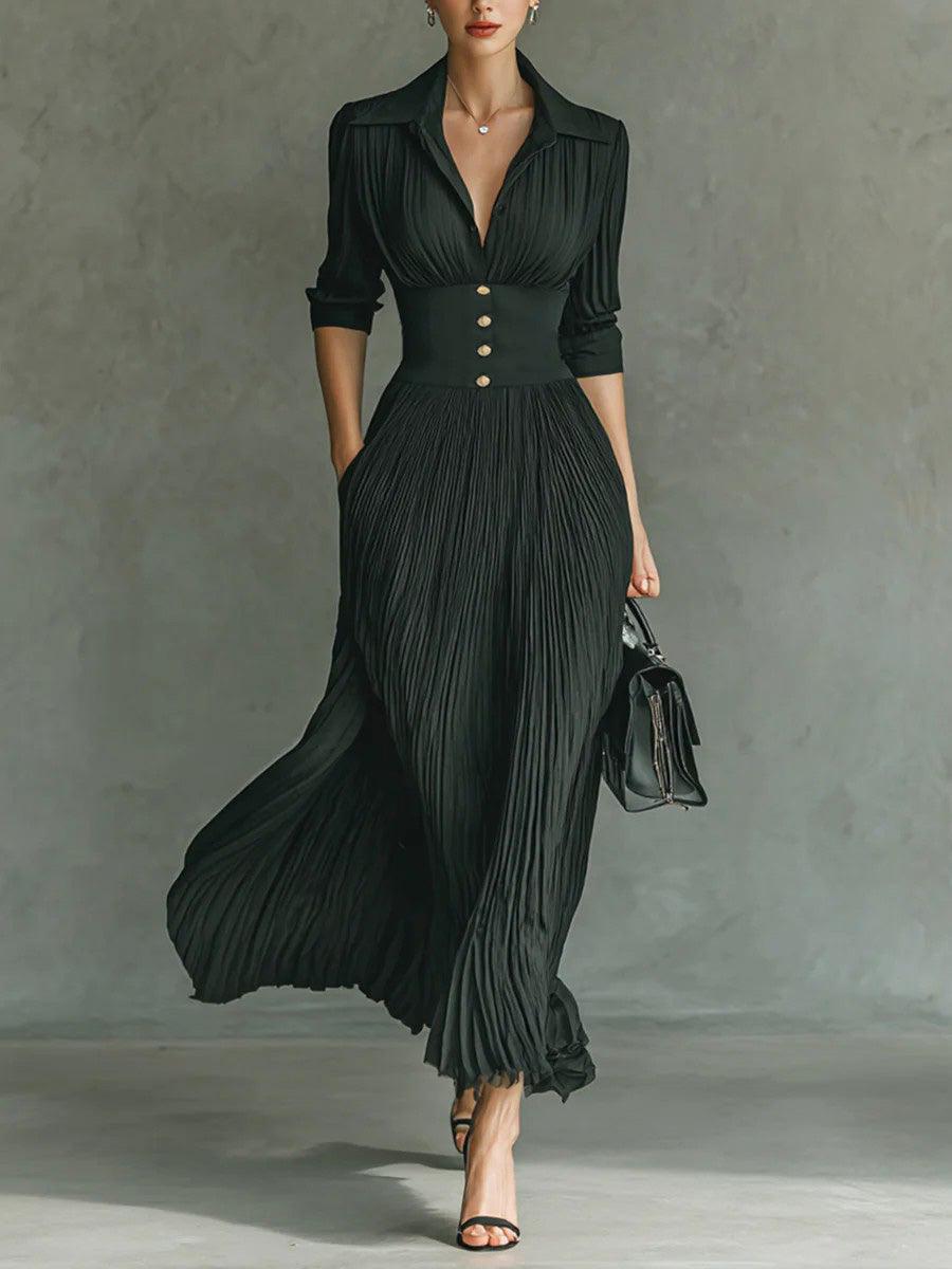 Aurohaya Elegant Pleated Lapel Long-sleeved Maxi Dress Black