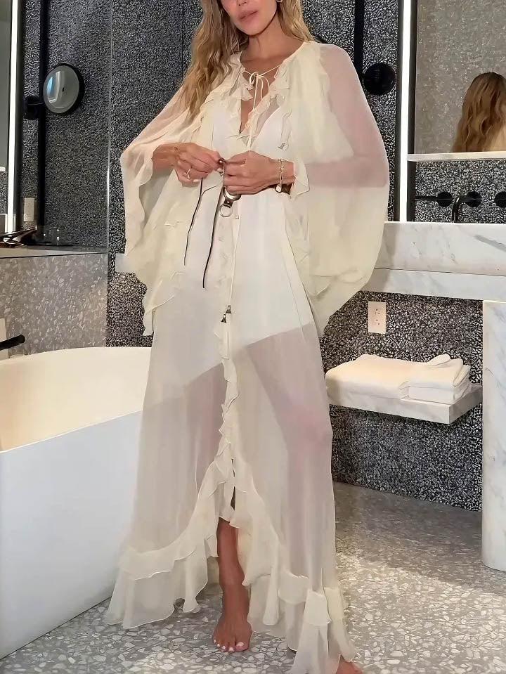 Aurohaya Elegant Ruffled Chiffon Flowy Maxi Dress Cream