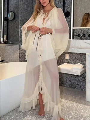 Aurohaya Elegant Ruffled Chiffon Flowy Maxi Dress Cream