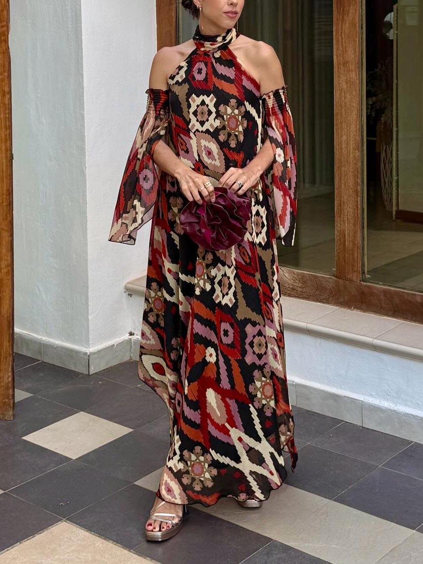Aurohaya Retro Bohemian Geometric Print Convertible Sleeve Maxi Dress Multi