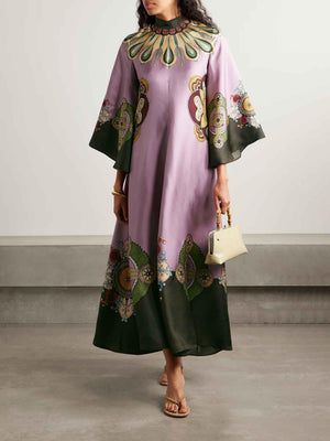Aurohaya Retro Sophisticated Satin Floral Print Maxi Dress