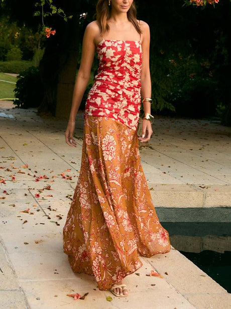 Aurohaya Unique Two-tone Floral Print Pleated Flowy Maxi Dress