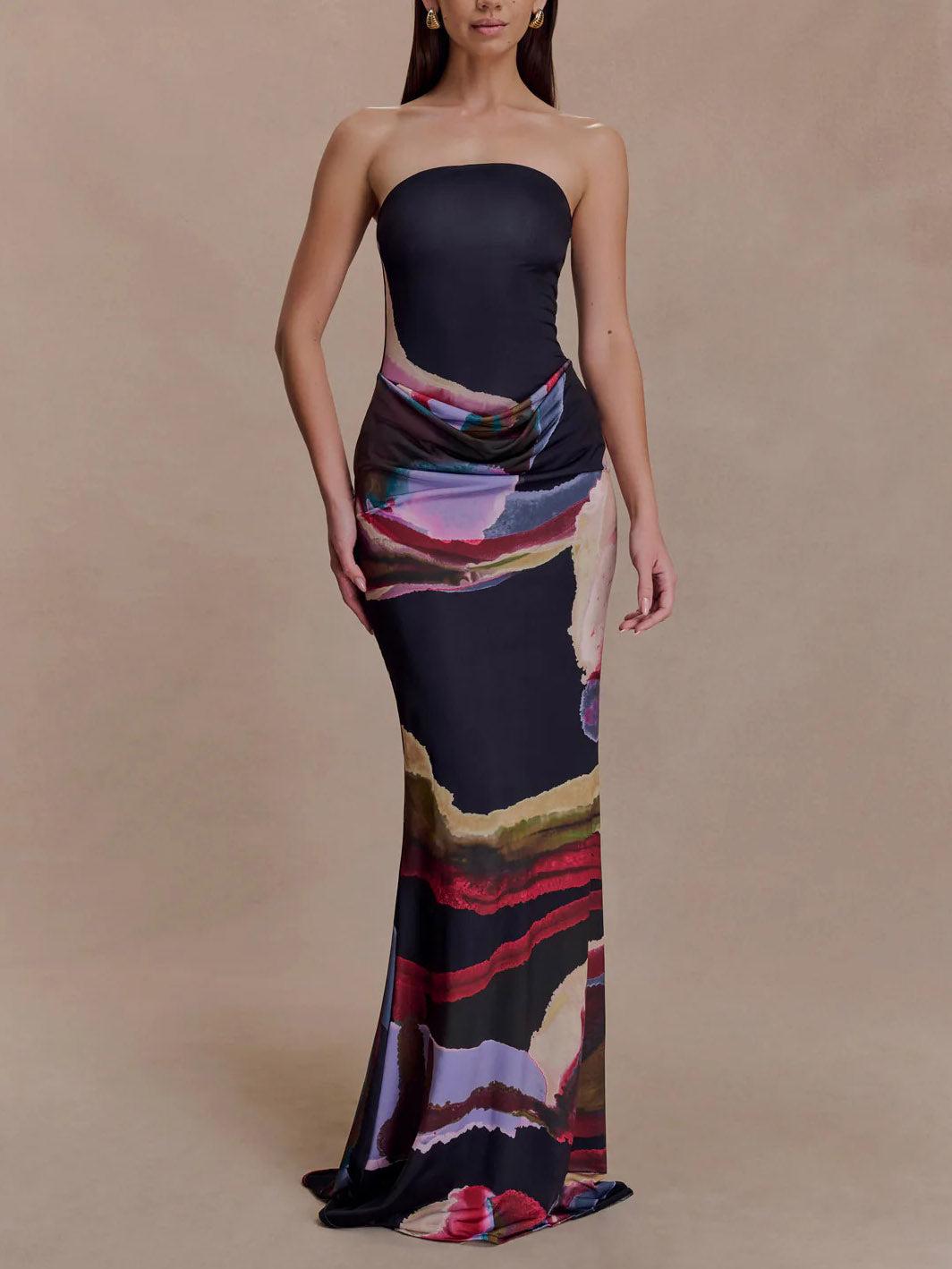 Aurohaya Exquisite Strapless Abstract Print Bodycon Maxi Dress Black