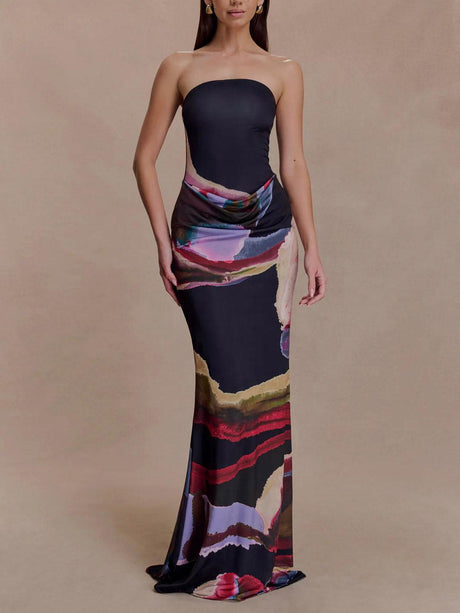 Aurohaya Exquisite Strapless Abstract Print Bodycon Maxi Dress Black