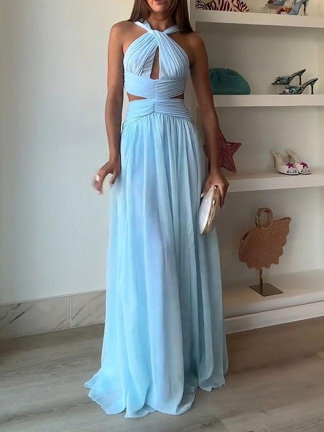 Aurohaya Elegant Halter Twist Front Cutout Pleated Maxi Dress Blue