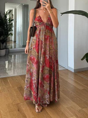 Aurohaya Retro Plant Print V-neck Suspender Maxi Dress