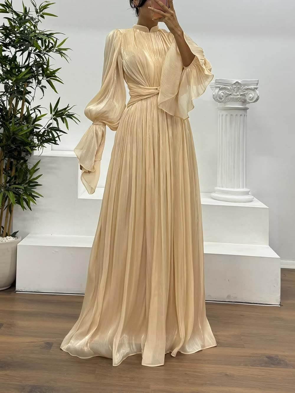 Aurohaya Fashionable Pleated Waist Long-Sleeved Chiffon Evening Maxi Dress