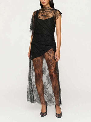 Aurohaya Elegant Lace Irregular Sleeve Maxi Dress Black