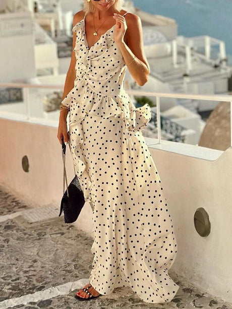 Aurohaya Casual V-neck Polka Dot Print Ruffled Maxi Dress
