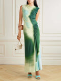 Exquisite Tie-dye Print Pleated Stretch Maxi Dress