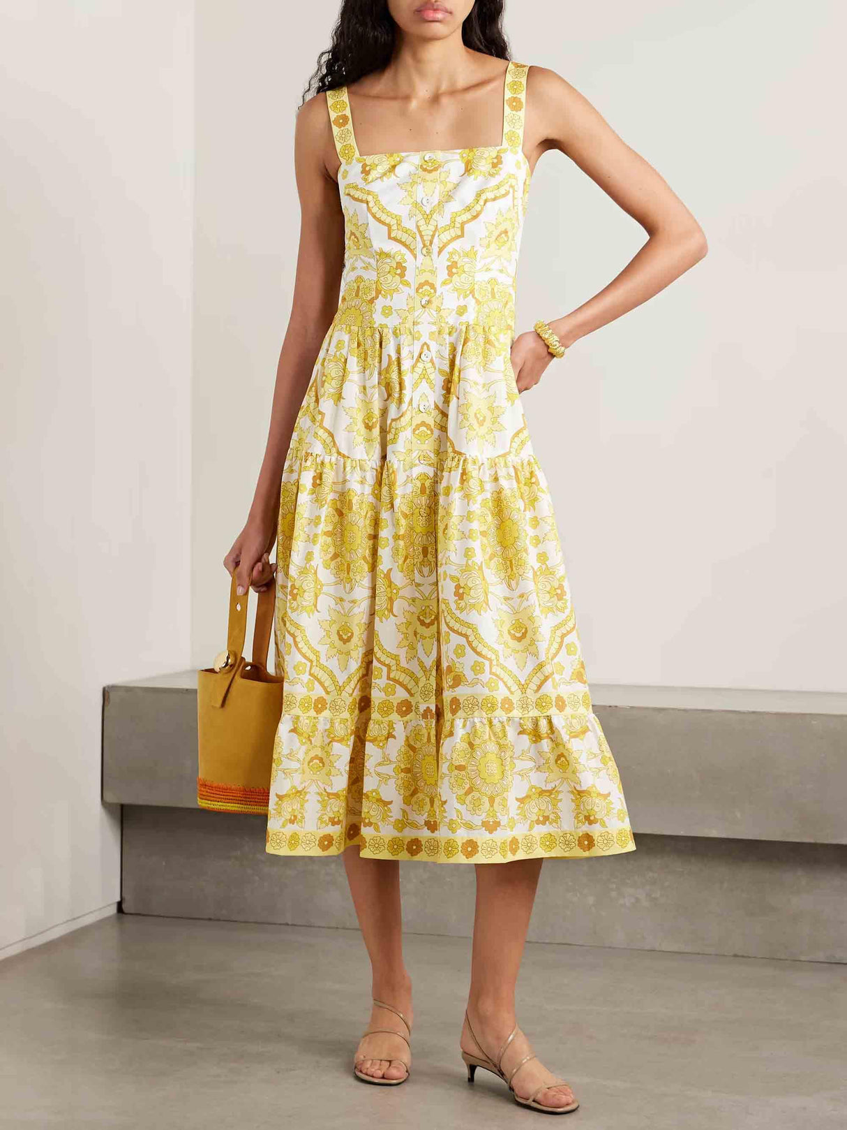 Aurohaya Exquisite Tile Floral Print Buttoned Midi Dress Yellow