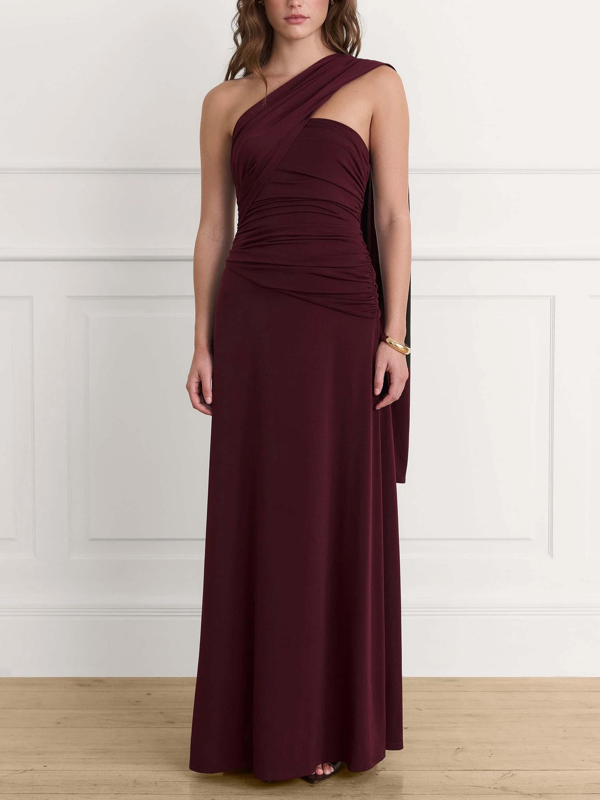 Aurohaya Elegant One-shoulder Draped Pleated Fitted Maxi Dress Dark Red