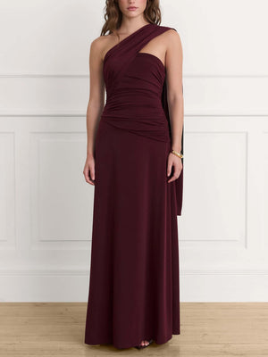 Aurohaya Elegant One-shoulder Draped Pleated Fitted Maxi Dress Dark Red