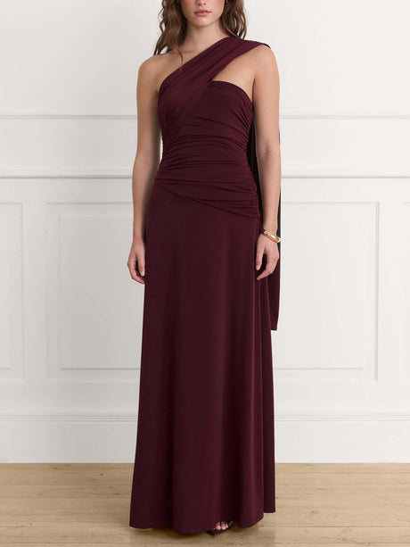 Aurohaya Elegant One-shoulder Draped Pleated Fitted Maxi Dress Dark Red