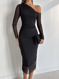 Elegant One-shoulder Rhinestone Mesh Midi Dress