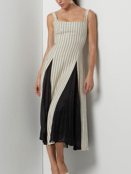 Aurohaya Elegant Pinstripe Paneled Flared Maxi Dress