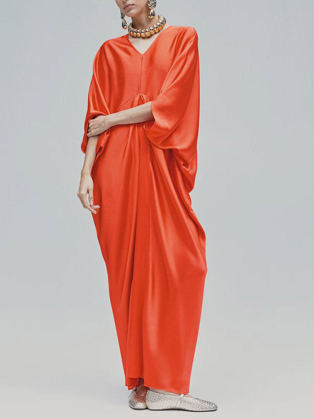 Aurohaya Elegant V-neck Satin Robe Maxi Dress Orange