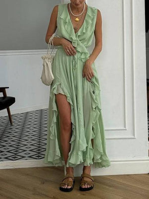 Aurohaya Elegant Ruffled V-Neck High-Slit Maxi Dress Green