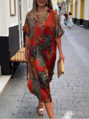 Aurohaya Retro Satin Print V-Neck Shirt Midi Dress