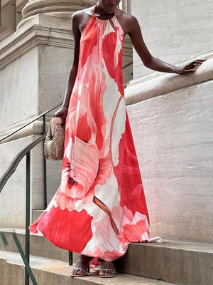 Aurohaya Exquisite Casual Halterneck Floral Print Maxi Dress Red