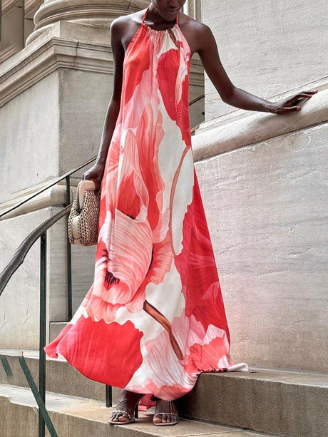 Aurohaya Exquisite Casual Halterneck Floral Print Maxi Dress Red