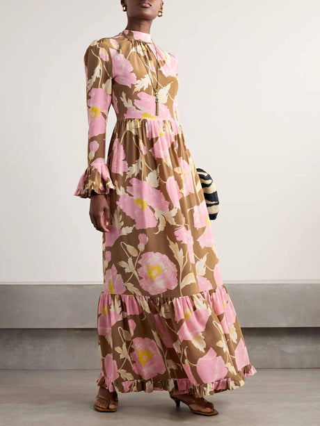 Aurohaya Retro Tiered Ruffled Floral Print Maxi Dress Brown & pink