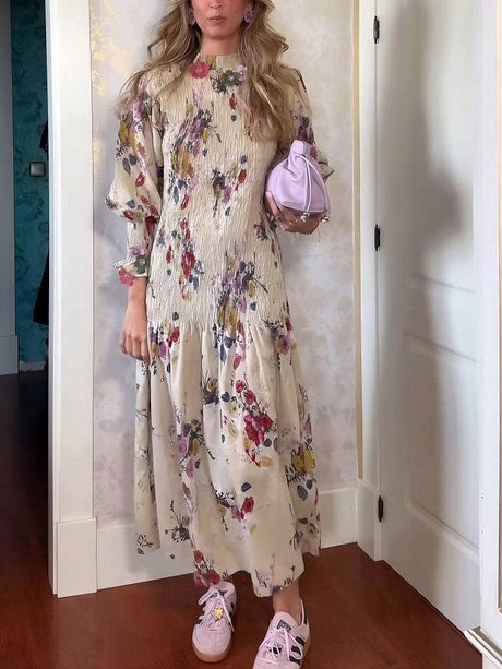 Aurohaya Elegant Crinkled Floral Print Puff Sleeve Maxi Dress Khaki