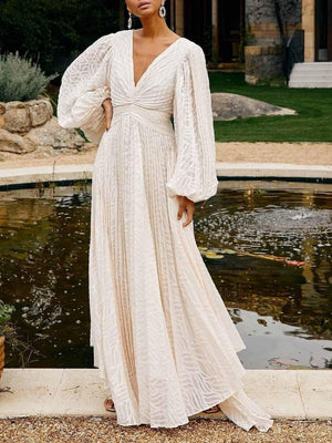 Aurohaya Elegant V-neck Pleated Long-sleeved Maxi Dress White
