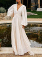 Aurohaya Elegant V-neck Pleated Long-sleeved Maxi Dress White