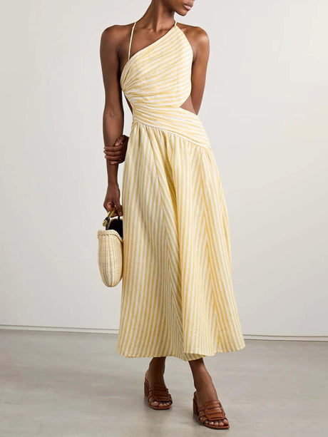Aurohaya Exquisite Casual Hollow Pleated Striped Print Midi Dress Yellow