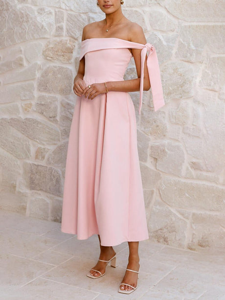 Aurohaya Elegant Off-Shoulder Tie Ruched Midi Dress
