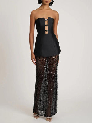 Aurohaya Elegant Bandeau Neck Sequined Maxi Dress Black