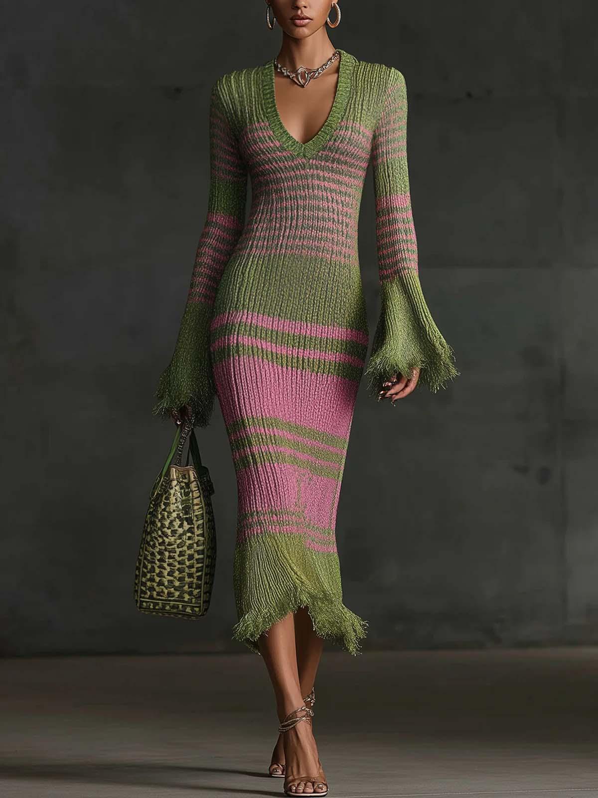 Aurohaya Retro Irregular Striped Tassel Knitted Midi Dress Green