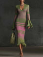 Aurohaya Retro Irregular Striped Tassel Knitted Midi Dress Green