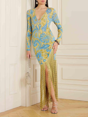 Aurohaya Retro Floral Print Fringed Knitted Maxi Dress Yellow