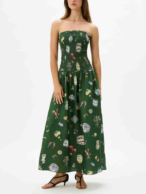Aurohaya Chic Strapless Smocked Printed Holiday Maxi Dress Green