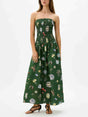 Aurohaya Chic Strapless Smocked Printed Holiday Maxi Dress Green