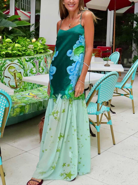 Aurohaya Unique Floral Print Color-block Pleated Maxi Dress Green