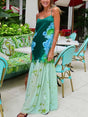 Aurohaya Unique Floral Print Color-block Pleated Maxi Dress Green