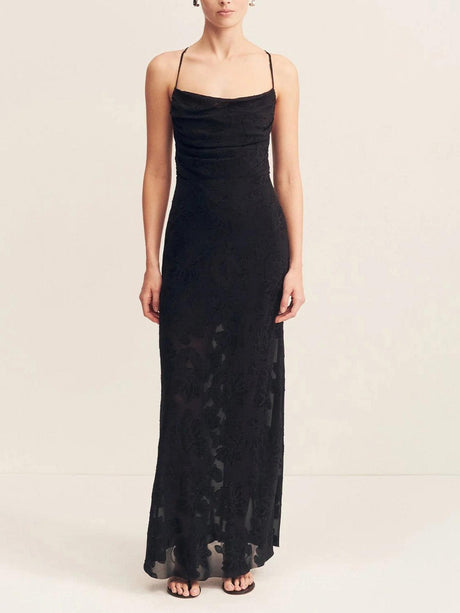 Aurohaya Elegant Transparent Jacquard Drape Neck Maxi Dress Black