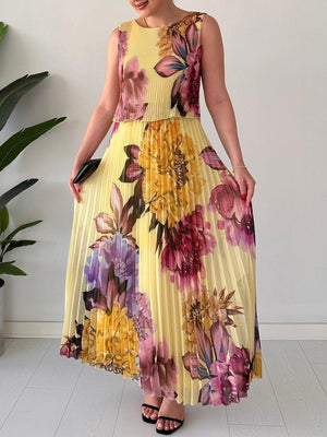 Aurohaya Elegant Double-layered Pleated Chiffon Printed Maxi Dress Yellow