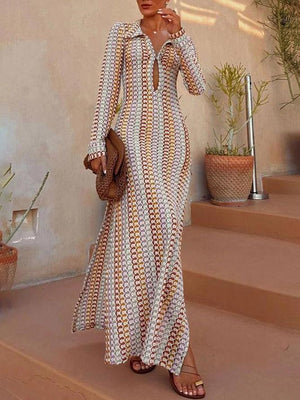 Aurohaya Casual Shirt Collar Slit Wave Stripe Crochet Holiday Maxi Dress Multi