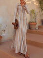 Aurohaya Casual Shirt Collar Slit Wave Stripe Crochet Holiday Maxi Dress Multi