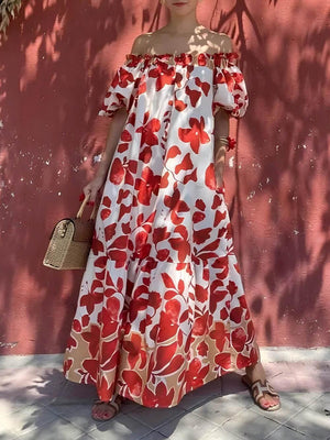 Aurohaya Casual Floral Print Off-Shoulder Puff Sleeve Maxi Dress