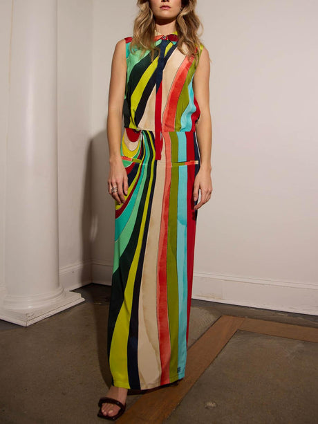 Aurohaya Unique Painted Irregular Stripes Sleeveless Maxi Dress