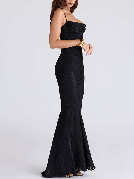 Aurohaya Elegant Low-Neck Burnout Satin Party Maxi Dress