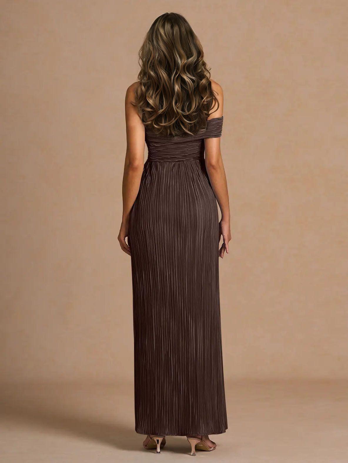 Aurohaya Elegant Off-The-Shoulder Pleated Slit Maxi Dress