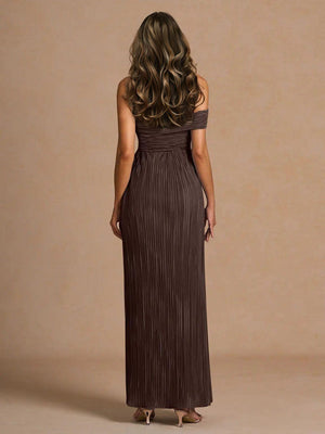 Aurohaya Elegant Off-The-Shoulder Pleated Slit Maxi Dress