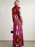 Unique Retro Abstract Print Shirt Collar Maxi Dress